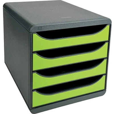 Image of Exacompta Ref 310725D BIG BOX Desktop Drawer Set 4 x 55mm Drawers, Suitable for A4+ Documents, 347 278 267mm, 100% Recycled Plastic Black/Lime Green