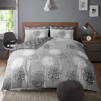 Image of Super Dreamer 4Pcs Complete Bed Set Blossom Duvet Cover With Fitted Sheet And Pillowcases, Reversible Double Quilt Covers, Grey, 11693727