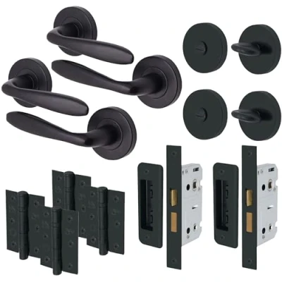 Image of EAI Black Bathroom Door Handle Set Pack of 2 Round Internal Handles, Thumb Turn &amp; Release Set, Lock Hinges (76mm) Matt