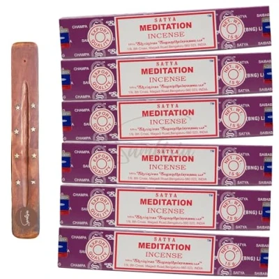 Image of Satya Nag Champa Meditation incense sticks x6 pack with SAMASIA holder Used for Aromatherapy, Spa, Yoga, Weddings, Meditation, Healing, Positivity and Relaxation