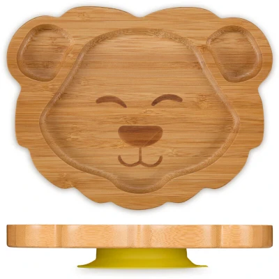 Image of Relaxdays Baby Plate, with Suction Cup, Bamboo, Lion Motif, Non Slip, BPA Free, Complementary Food, 3 Divided Sections, x 23.5 18 cm