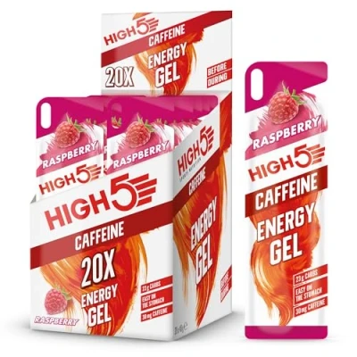 Image of HIGH5 Caffeine Gels Running Glucose Shots for Instant Energy and Fuel Natural Fruit Juice Sports Gel Running, Cycling, Ultra Marathon, Ironman (Raspberry, 20 x 40g)