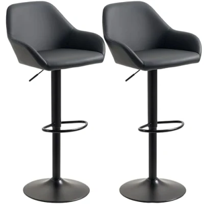 Image of HOMCOM Adjustable Bar Stools Set of 2, Swivel Barstools with Footrest and Backrest, PU Leather Steel Base, for Kitchen Counter Dining Room, Black