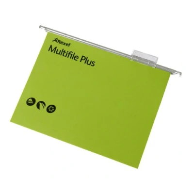 Image of Rexel A4 Suspension Files with Tabs and Inserts for Filing Cabinets, 15 mm V base, 100 Percent Recycled Manilla, Green, Multifile Plus, Pack of 20, 92809