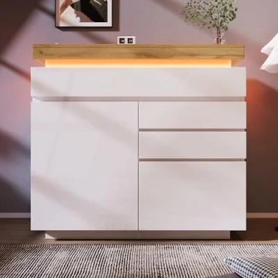 Image of ModernLuxe LED Sideboard Cabinet Chest of Drawers High Gloss Storage 2 Doors &amp; 3 Drawers,Adjustable Shelves,Modern Unit for Living Room Bedroom, 115x110x39 cm, White