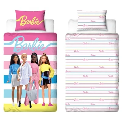 Image of Barbie Official Single Childs Duvet Cover Set Unboxed Design Reversible 2 Sided Dolls Bedding Including Matching Pillow Case Pink Bed Polycotton