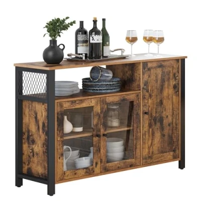 Image of VASAGLE Storage Cabinet, Sideboard, Buffet Table with 3 Doors, for Dining Room, Living Kitchen, 33 x 110 75 cm, Industrial Style, Rustic Brown and Ink Black LSC096B01