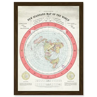 Image of Artery8 1892 World Time Calculator Flat Earth Map Gleason A4 Artwork Framed Wall Art Print