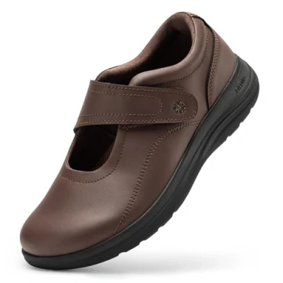 Image of FitVille Womens Wide Fit Leather Shoes, Comfortable Ladies Slip on Loafers with Adjustable Straps for Swollen Feet, Mahogany Brown, 6.5 UK X