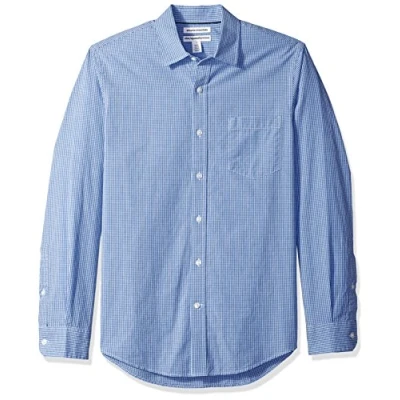 Image of Amazon Essentials Men&#039;s Slim Fit Long Sleeve Poplin Shirt, Blue Gingham, S
