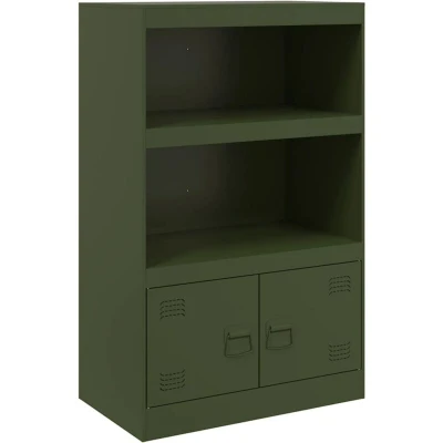 Image of vidaXL Olive Green Steel Sideboard 67x39x107 cm Modern Storage Cabinet for Living Room, Book Organizer with Shelves and Metal Handles, Assembly Required