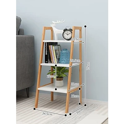 Image of VR7 3/4 tier wooden ladder shelves rack bookcase flower plant display unit storage with white for living room bedroom (wooden shelves, 3 tier)