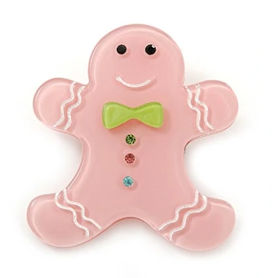 Image of Avalaya Baby Pink Austrian Crystal Acrylic &#039;Gingerbread Man&#039; Brooch 45mm Length