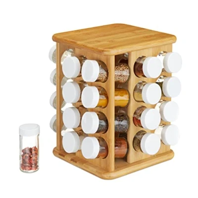 Image of Relaxdays XXL Spice Carousel, Rotatable, 32 Shakers, Bamboo, Flavour Preserving Storage, Organiser, Natural