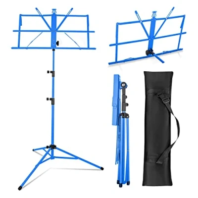 Image of Youyijia Music Stand Book Stands for Sheet Adjustable Heights Holder Portable Folding Metal with Carrying Bag Storage or Travel (Blue)