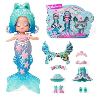 Image of KOOKYLOOS FAIRYTALE MIX and MATCH PEARL 3 in 1 fantasy themed doll, Contains princess outfit, mermaid outfit fairy