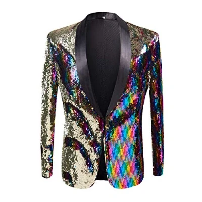 Image of PYJTRL Men Stylish Two Color Conversion Shiny Sequins Blazer Suit Jacket (Colorful, 3XL)
