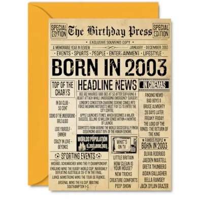Image of 22nd Birthday Card for Women Men Bday Press Newspaper 2003 Happy 22 Cards Sister Niece Brother Grandson Daughter Auntie, A5 Greeting