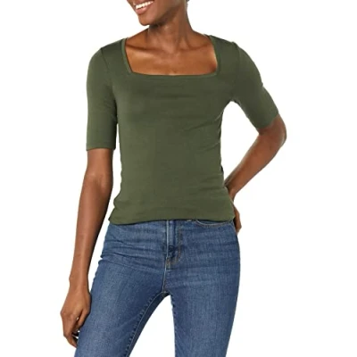 Image of Amazon Essentials Women&#039;s Slim Fit Half Sleeve Square Neck T Shirt, Olive, M