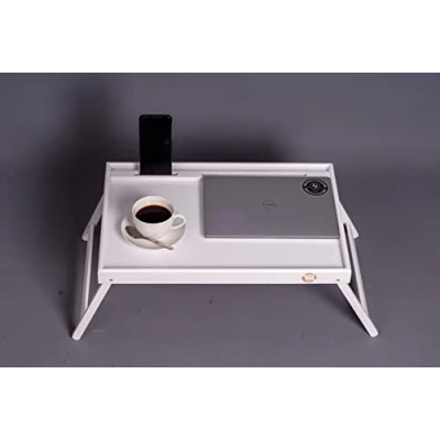 Image of Bamboo Wooden Breakfast Serving Tray Bed Table With Folding Legs For Bed, Eating, Dinner, Sofa, Working, Reading Slot Phone Tablet Snack Ideal Laptop Desk (White)