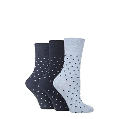 Image of Women&#039;s 3 Pair Gentle Grip Cotton Patterned and Striped Socks Digital Dots Navy / Denim 4 8 Ladies