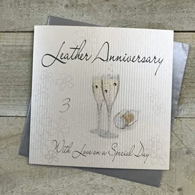 Image of white cotton cards Champagne Glasses Leather Handmade 3rd Anniversary Card, White, WA3