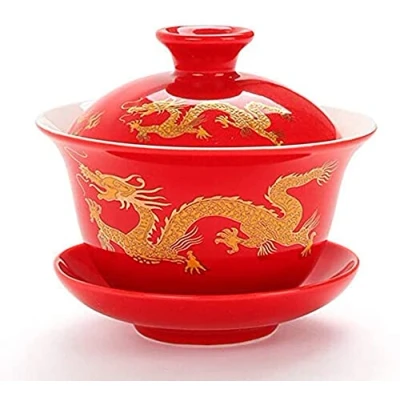 Image of YBK Tech Porcelain Kung Fu Tea Cup and Saucer with Lid, Chinese Traditional Gaiwan Sancai Bowl Set Dragon Pattern (Red (Slightly Bigger))