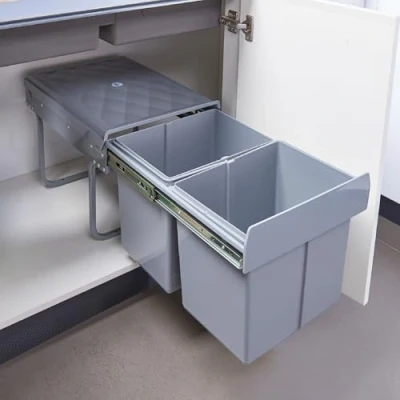 Image of [en.casa] Built in trash can Froland waste sorter Pull out garbage collector 2 Removable compartments 48x34x35cm for kitchen Gray 2x15L