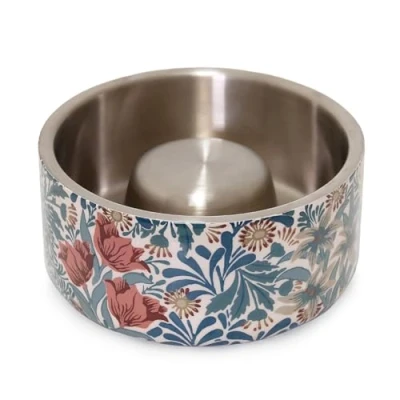 Image of Rosewood x Morris &amp; Co. Bower Berry Slow Feeder Bowl for Dogs, Blue, Durable Stainless Steel Dog Bowl, Aids Digestion, Feeding Station, Luxury William Print