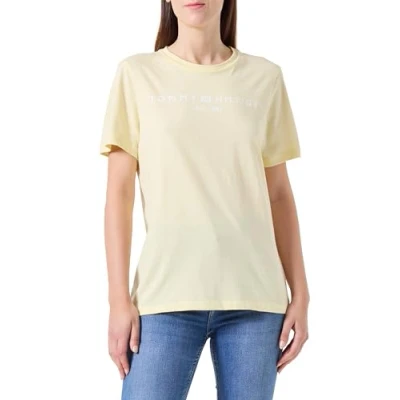 Image of Tommy Hilfiger Women&#039;s Reg Corp Logo C nk Ss Ww0ww40276 S/S Knit Tops, Yellow (Lemon Zest), XS