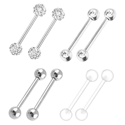 Image of LEEQ 4 Pairs Barbell Ring 316L inless Steel Nipple Rings Cubic Zirconia Tongue Body Piercing Jewelry, 14 Gauge by