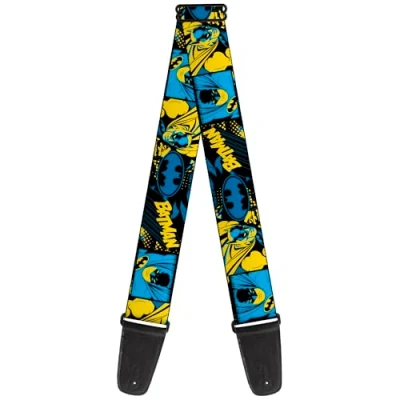 Image of Buckle Down DC Comics Guitar Strap, Batman Poses and Logo Collage Black Blue Yellow, 2 Inches Wide, Blue, 2&quot; Wide 29 54&quot; Length
