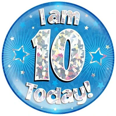 Image of OAKTREE UK 633421 6&quot; Jumbo Badge I am 10 Today Blue Holographic Cracked Ice