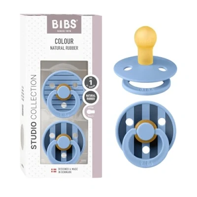 Image of BIBS Colour Studio Soother 2 Pack, BPA Free Dummy Pacifier, Round Nipple. Natural Rubber Latex, Made in Denmark, Size 1 (0 6 Months), Pin Sky Blue