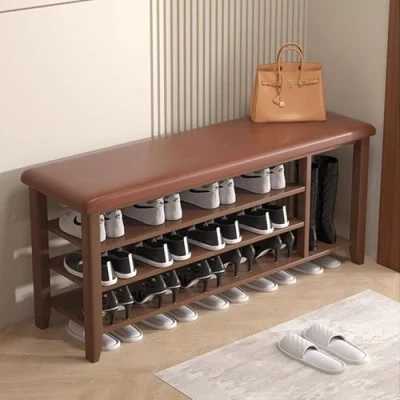 Image of MARIYCH Wooden Shoe Bench Rack with PU Leather Cushion, 3 Tier Entryway Storage for Hallway, Living Room, Bedroom