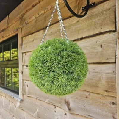 Image of Best Artificial 28cm Moss Grass Topiary Hanging Basket Ball