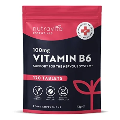 Image of Vitamin B6 100mg 120 High Strength Vegan Tablets Vitamins to Support Normal Function of The Immune and Nervous System Contributes Reduction Tiredness Fatigue Nutravita