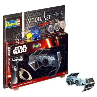 Image of Revell Model Set 63602 Star Wars Darth Vader&#039;s TIE Fighter 1:121 Scale Unbuilt/Unpainted Plastic Kit with Contacta Professional Glue, Paintbrush &amp; Selected Aqua Color Paints