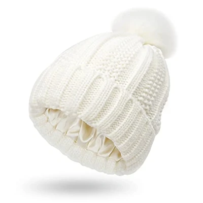 Image of Women Knitted Beanie with Satin Lining Pom Winter Warm Cap Bobble Hat (White)