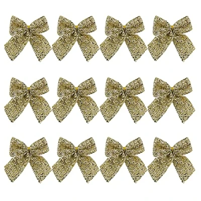 Image of Christmas 12 Mini Tinsel Bows 6cm Tree Decoration Gold
