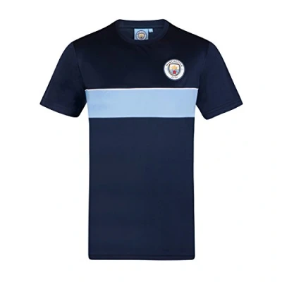 Image of Manchester City FC Official Gift Mens Crest Poly T Shirt Navy Sky Blue XL