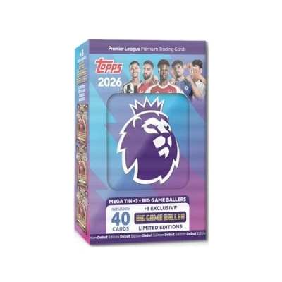Image of Topps Premier League 2026 Debut Edition Mega Tin (Big Game Baller). Contains 40 cards plus 3 Big Baller LE cards.