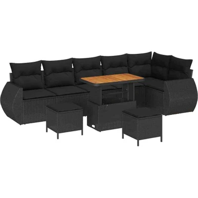 Image of vidaXL 9 Piece Garden Sofa Set with Cushions Black Poly Rattan Acacia