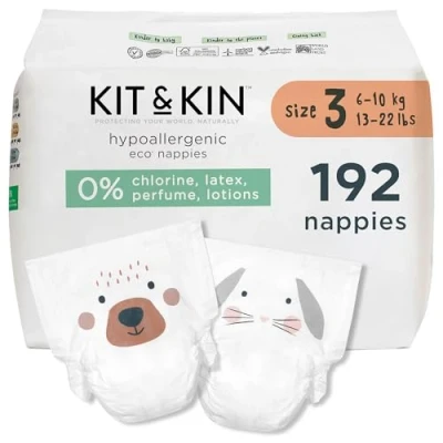 Image of Kit &amp; Kin Eco Nappies Size 3 Hypoallergenic and Sustainable (32 x 6 Packs, 192 Nappies)