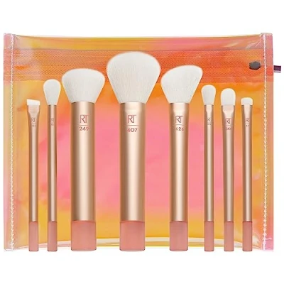 Image of REAL TECHNIQUES The Wanderer Make up Brush Kit, Premium and Professional 8 Midi size Set with Bag, Soft Bristles, Foundations, Powders, Concealers, Gold