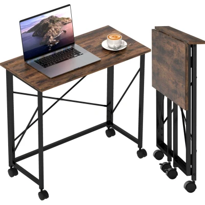 Image of HOMCOM Small Folding Desk, 80 cm Foldable Computer Desk on Wheels for Space, Easy Assembly, Space Saving Writing Table Home Office, Bedroom, Rustic Brown