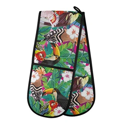 Image of Double Oven Glove Mitts Tropical Palm Leaves Toucan Parrot Heat Resistant Pot Holders for Home Kitchen Cooking Baking Outdoor BBQ