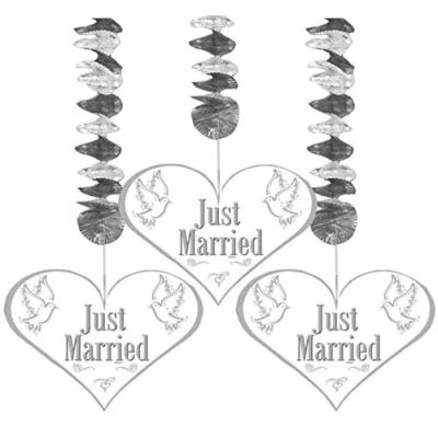 Image of Just Married Hanging Decoration Pack of 3, Silver and White with spiral foil heart