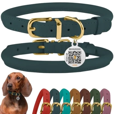 Image of BRONZEDOG Rolled Leather Dog Collar with QR ID Tag Adjustable Soft Round Collars for Small Medium Large Dogs Puppy Cat (Denim, 35 41 cm)