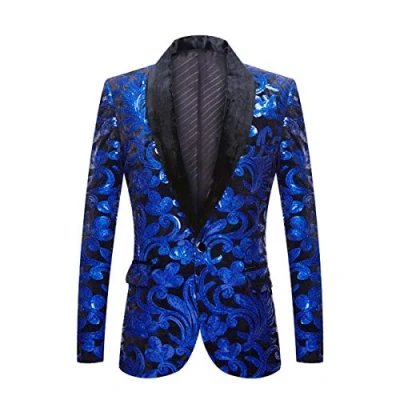 Image of PYJTRL Men Fashion Velvet Sequins Floral Pattern Suit Jacket Blazer (Navy Blue, XXL)